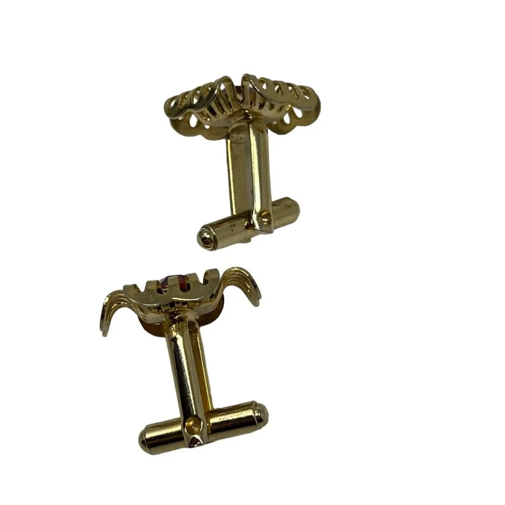 Vintage Mens Cuff Links Red Acrylic Stone Gold Tone‎